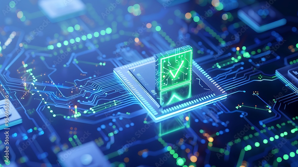Poster futuristic microchip technology concept with glowing green circuit board elements highlighting advan