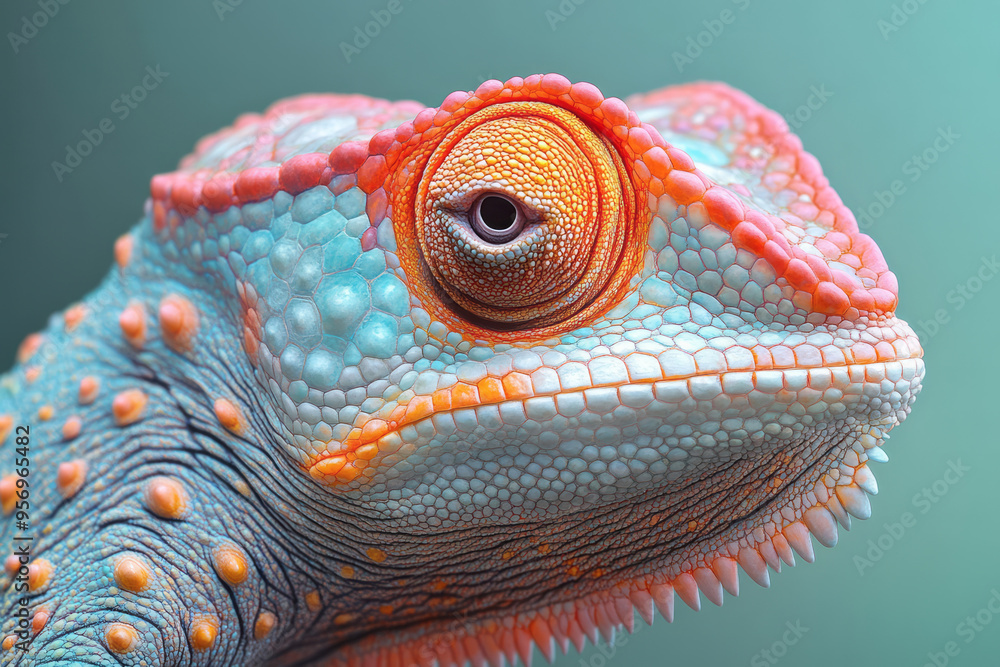 Poster a detailed view of a chameleonâ€™s skin, with its vibrant scales changing color and texture, isolate