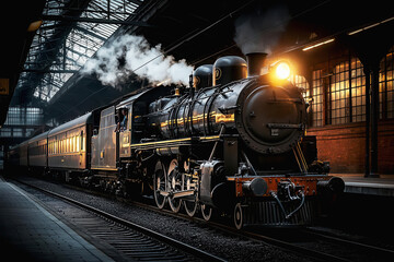 Old steam train parked at a forgotten station, twilight colors w