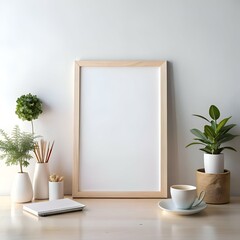 Blank photo frame mockup on a wooden desk with plants. notebook and a cup of coffee.