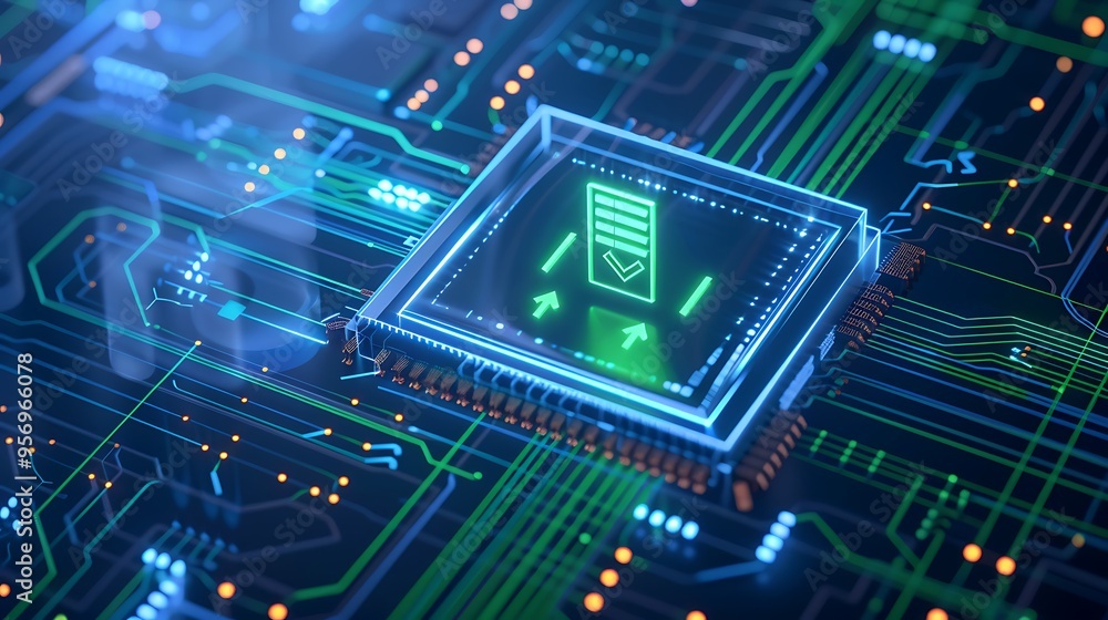 Poster futuristic microchip with glowing circuitry and neon lights, representing advanced technology and in