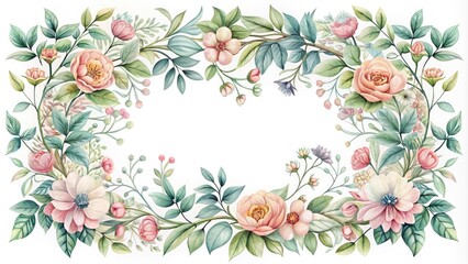 Intricate floral pattern forms an ornate border, featuring interconnected blooms, leaves, and vines in pastel hues, creating a delicate and whimsical decorative frame.