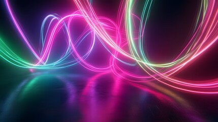 Naklejka premium Glowing Neon Light Trails: Intersecting neon light trails in vibrant colors like pink and green, floating in a dark space, creating an abstract dance of light. 