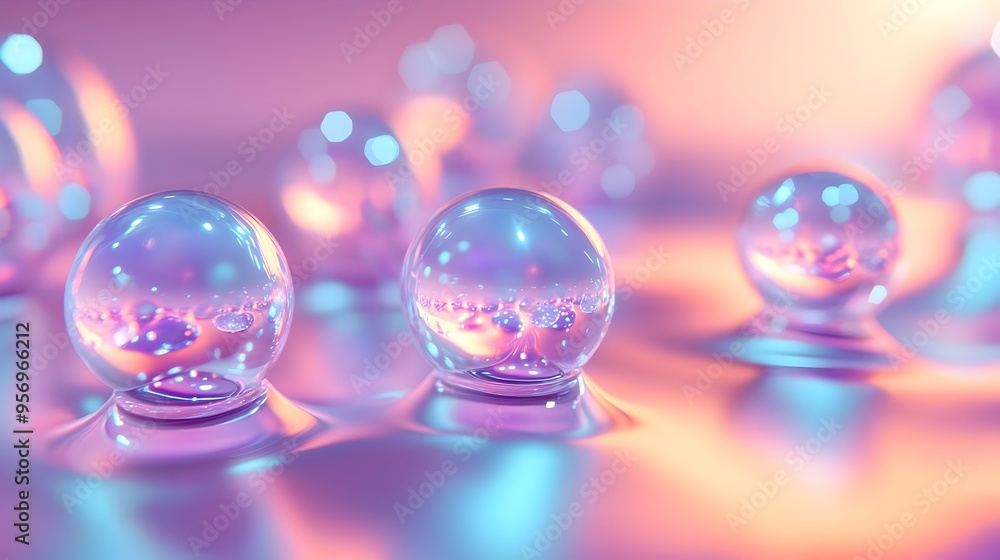 Poster iridescent 3d spheres reflecting light with soft gradients,modern and ethereal design