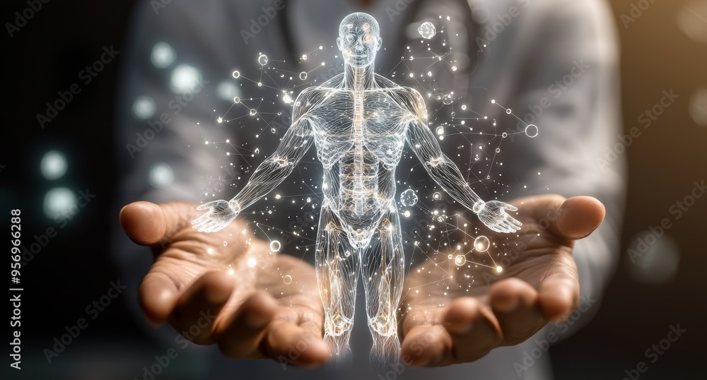Poster three-dimensional rendering of a digital x-ray of a human body by a businessman