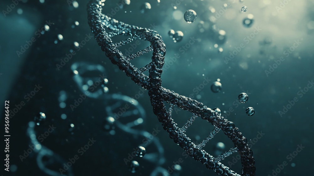 Poster a close-up of a dna helix, with small, transparent bubbles floating in the background.