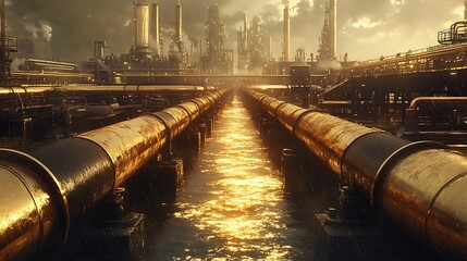 Artistic Depiction of Economic Flows as Interconnected Pipelines with Liquid Gold and Silver Connecting Countries