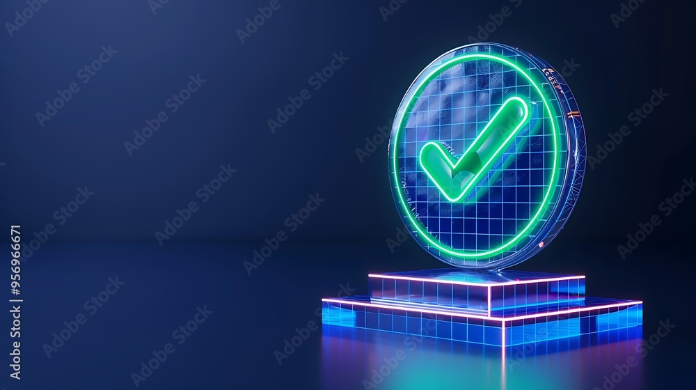 Poster futuristic neon check mark symbol on a glowing digital platform, representing approval and validatio