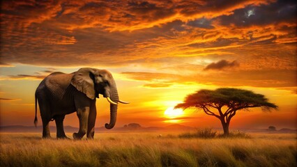 Obraz premium A majestic African elephant stands still against a vibrant orange sunset, its detailed silhouette contrasting with the warm hues of the Serengeti landscape.