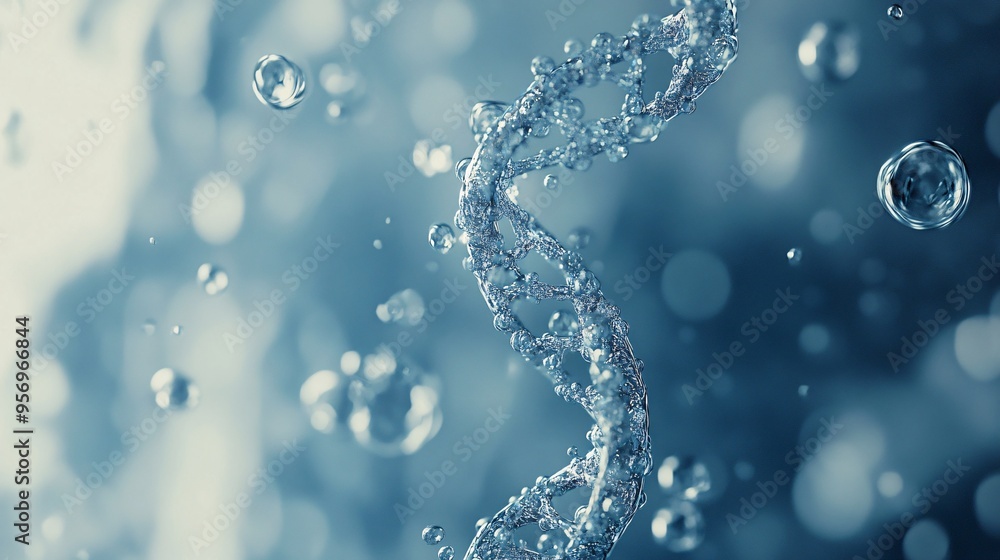 Aufkleber a 3d rendering of a dna strand in a blue liquid with bokeh background.
