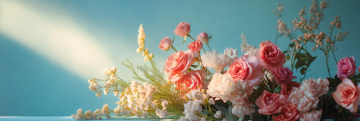 Pink roses on blue background, product scene composition, floral arrangement on table, warm light,