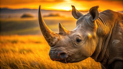 Fototapeta premium A majestic close-up of a rhinoceros' distinctive curved horn, weathered and worn, set against a blurred savannah backdrop with warm golden light.