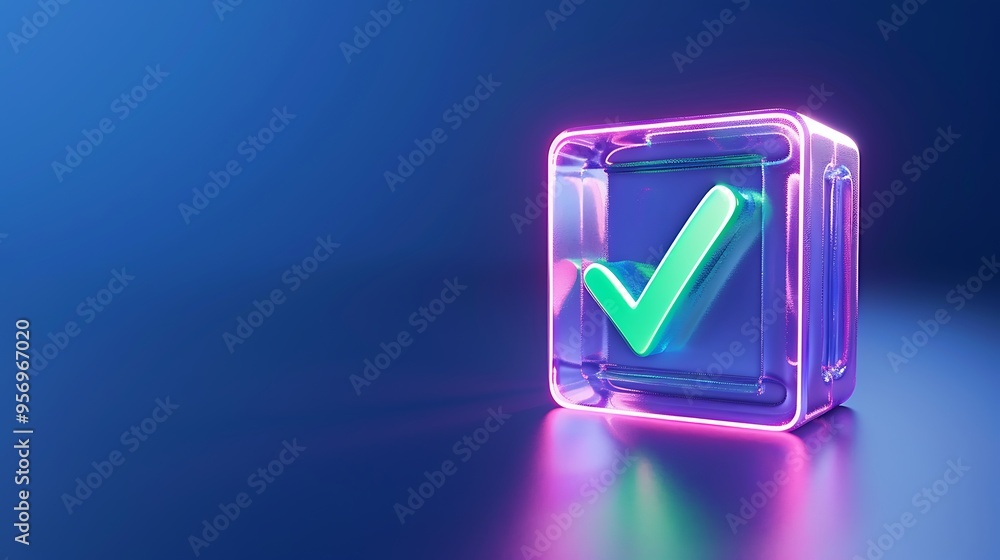Poster futuristic neon checkmark symbol in a glowing transparent cube on a dark gradient background, repres