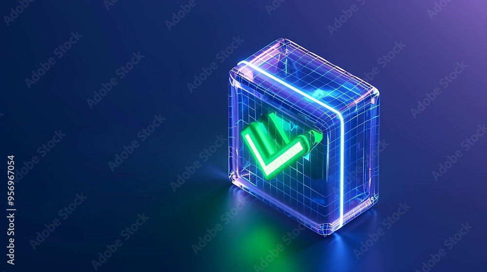 Poster futuristic neon digital icon inside a transparent cube on a dark gradient background. concept of dig