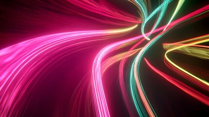 Glowing Neon Light Trails: Intersecting neon light trails in vibrant colors like pink and green, floating in a dark space, creating an abstract dance of light.
