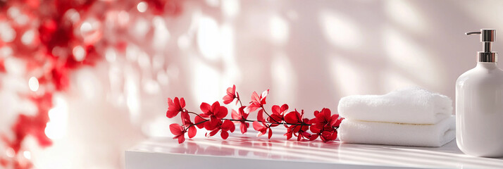 White oriental Feng shui bathroom interior and red flowers arrangement background, bathroom product scene photography, red flowers and white scene