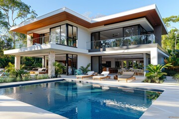 Fototapeta premium Modern luxury townhouses with swimming pool in tropical setting, showcasing sleek architecture and lush greenery