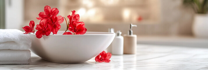 White oriental Feng shui bathroom interior and red flowers arrangement background, bathroom product scene photography, red flowers and white scene