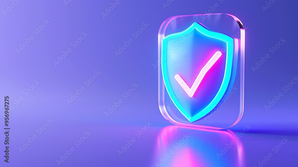 Poster futuristic neon shield icon with check mark symbolizing security and protection on a gradient blue b