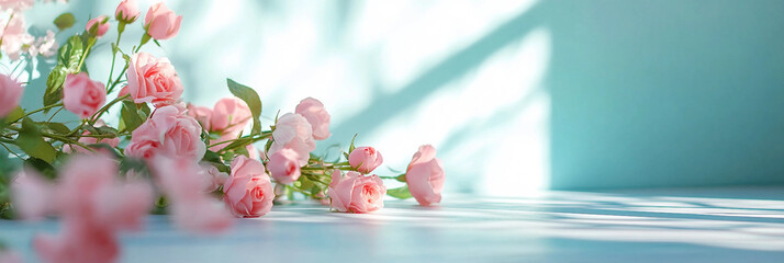Pink roses on blue background, product scene composition, floral arrangement on table, warm light,