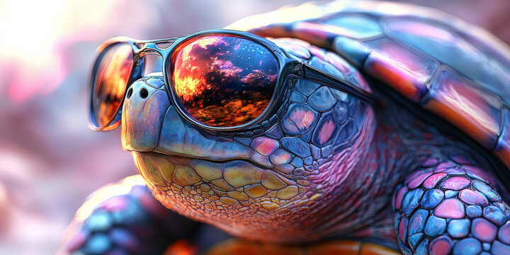 Cool turtle wearing sunglasses with a reflection of a sunset and stars.