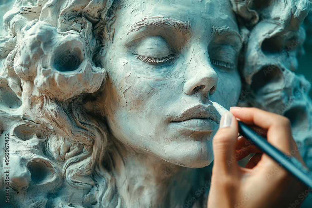 Poster a close-up of a hand sculpting a digital clay model on a tablet, with soft light reflecting off the 