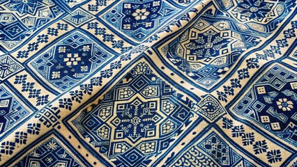 Intricately designed traditional Vietnamese Batik fabric features vibrant blue and white geometric patterns on a creamy background, showcasing cultural heritage and craftsmanship.