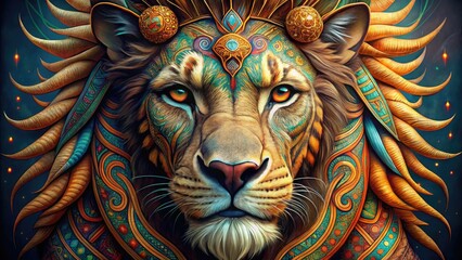 Fototapeta premium A majestic lion's face adorned with an elaborate, intricately patterned tribal mask, blending natural fur texture with colorful, ornate designs and whiskers peeking out.