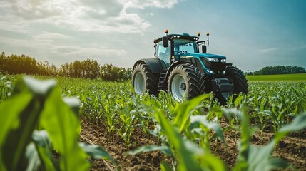 Powerful blue tractor navigating through lush green cornfield on sunny day, showcasing modern...