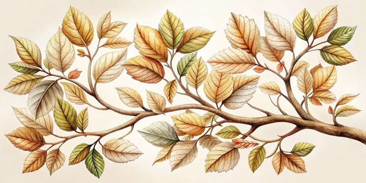 intricately detailed tree branch with delicate leaves and natural texture, realistic botanical style, muted earthy colors, informative concept "tree anatomy study"