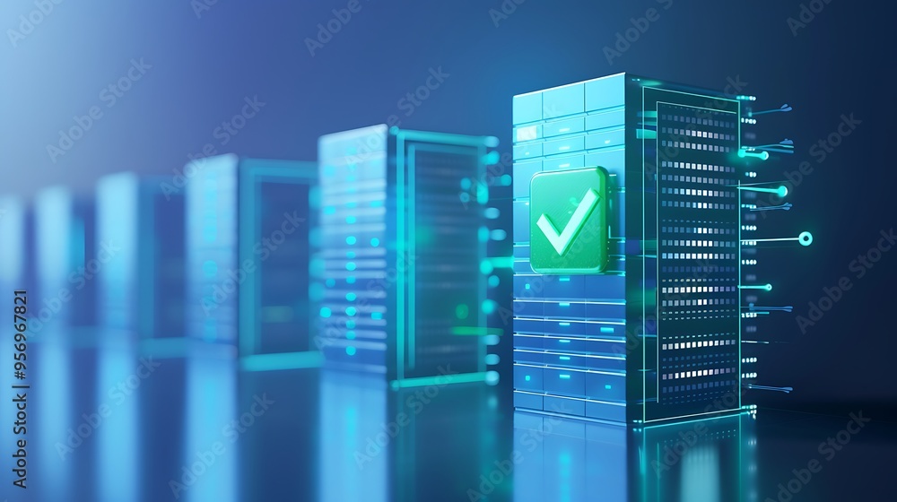 Poster futuristic server room with glowing blue servers and check mark symbolizing secure data processing a
