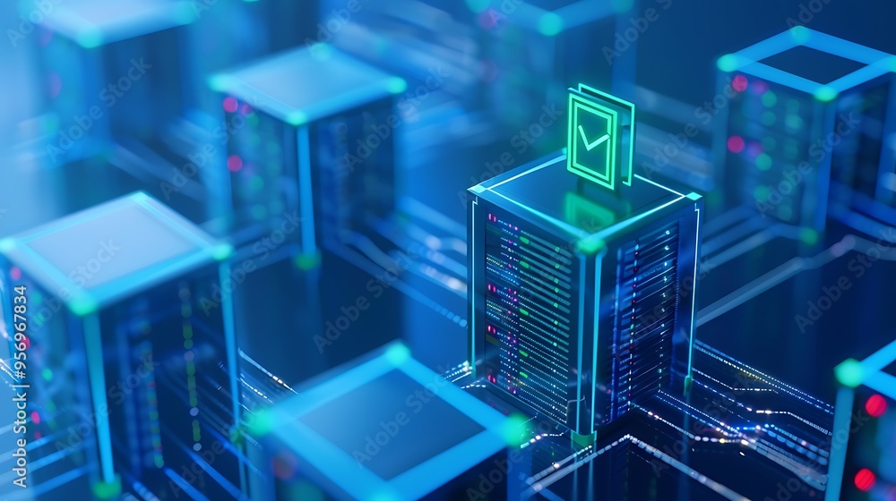 Poster futuristic server room with glowing green checkmark symbols, representing data verification and secu
