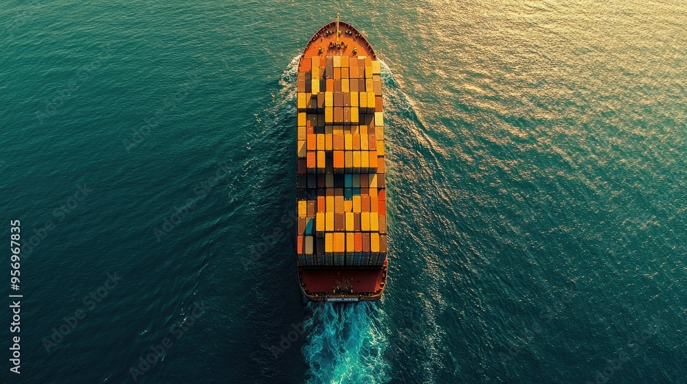 Poster top-down view of a massive cargo container ship on the open ocean, loaded with containers. highlight