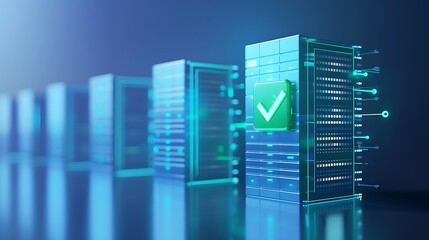 Futuristic server room with glowing blue servers and check mark symbolizing secure data processing and storage.