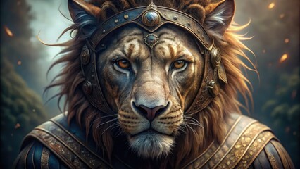 A majestic lion's face with a worn, ancient-looking leather mask wrapped around its forehead, featuring intricate texture and subtle wrinkles, set against a blurred background.