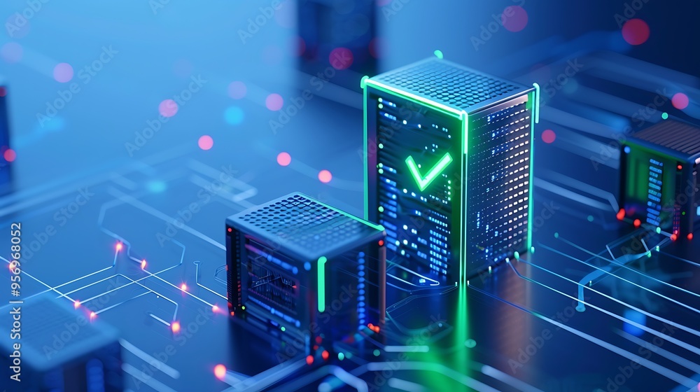 Poster futuristic server technology with digital checkmark and glowing lights, representing cybersecurity a
