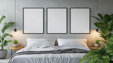 Modern Minimalist Bedroom Interior with Blank Frames