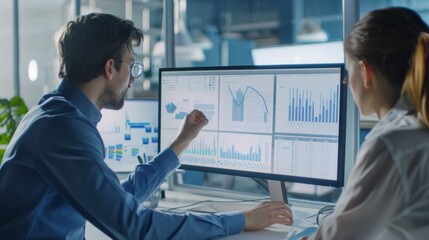 A dedicated team of analysts review performance metrics and graphs on large monitors in a tech-centric office.
