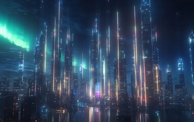 Futuristic Cityscape with Skyline Connected by Beams of Light Symbolizing Economic Connections Between Countries