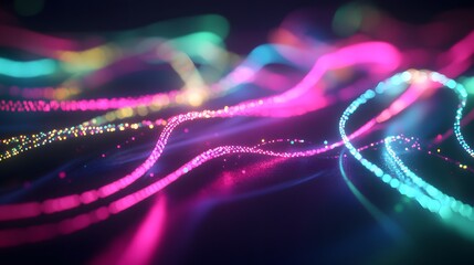 Glowing Neon Light Trails: Intersecting neon light trails in vibrant colors like pink and green, floating in a dark space, creating an abstract dance of light.
