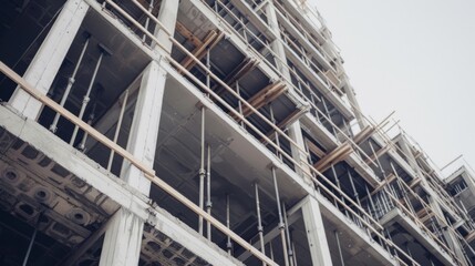 Obraz premium A high-rise building under construction, showcasing the skeletal framework and scaffolding, symbolizing growth and urban development in progress.