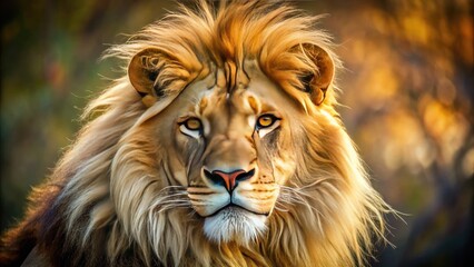 Naklejka premium A majestic lion's fur exhibits intricate textures and patterns, with soft, golden coats featuring subtle striations and whisker-like markings amidst a serene, natural background.