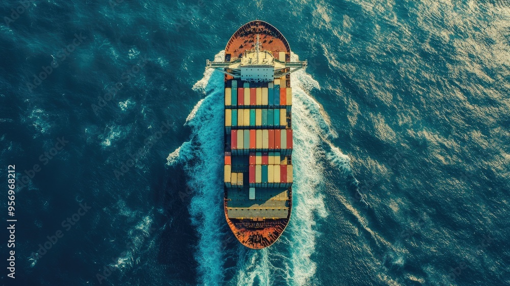 Poster top-down view of a massive cargo container ship on the open ocean, loaded with containers. highlight