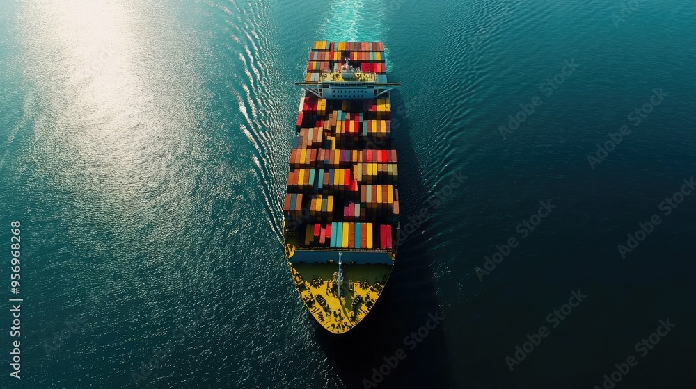 Poster top-down view of a massive cargo container ship on the open ocean, loaded with containers. highlight