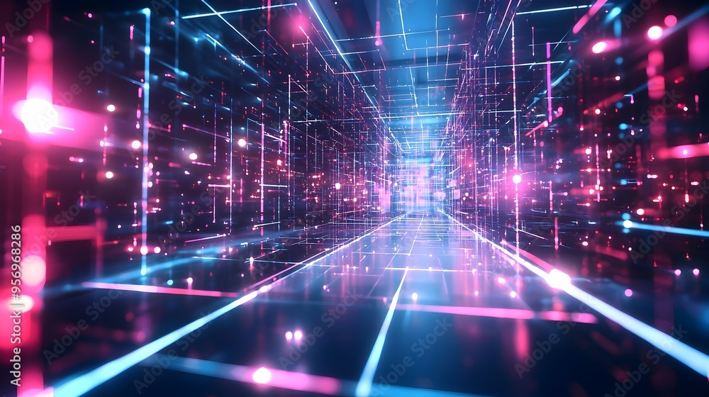 Aufkleber futuristic 3d holographic grids with neon glow creating sci-fi digital backdrop