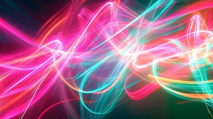 Glowing Neon Light Trails: Intersecting neon light trails in vibrant colors like pink and green, floating in a dark space, creating an abstract dance of light.
