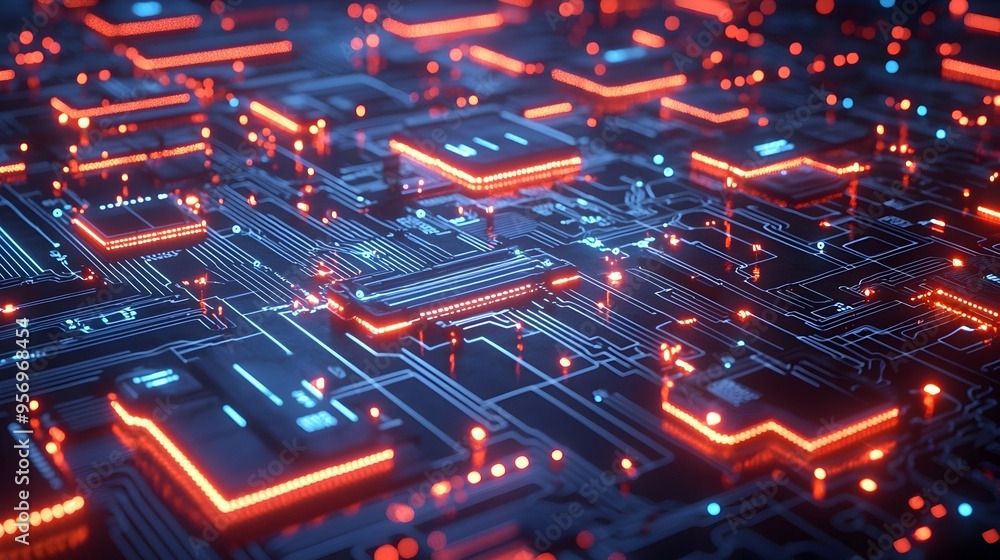 Aufkleber futuristic 3d digital circuit board with glowing pathways and intricate nodes