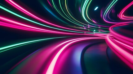 Glowing Neon Light Trails: Intersecting neon light trails in vibrant colors like pink and green, floating in a dark space, creating an abstract dance of light.
