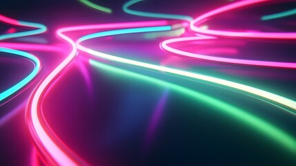 Glowing Neon Light Trails: Intersecting neon light trails in vibrant colors like pink and green, floating in a dark space, creating an abstract dance of light.

