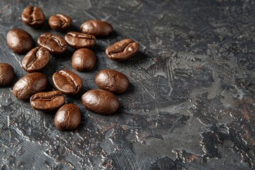 Obraz premium Brown Roasted Coffee Beans Closeup On Dark Background with generative ai